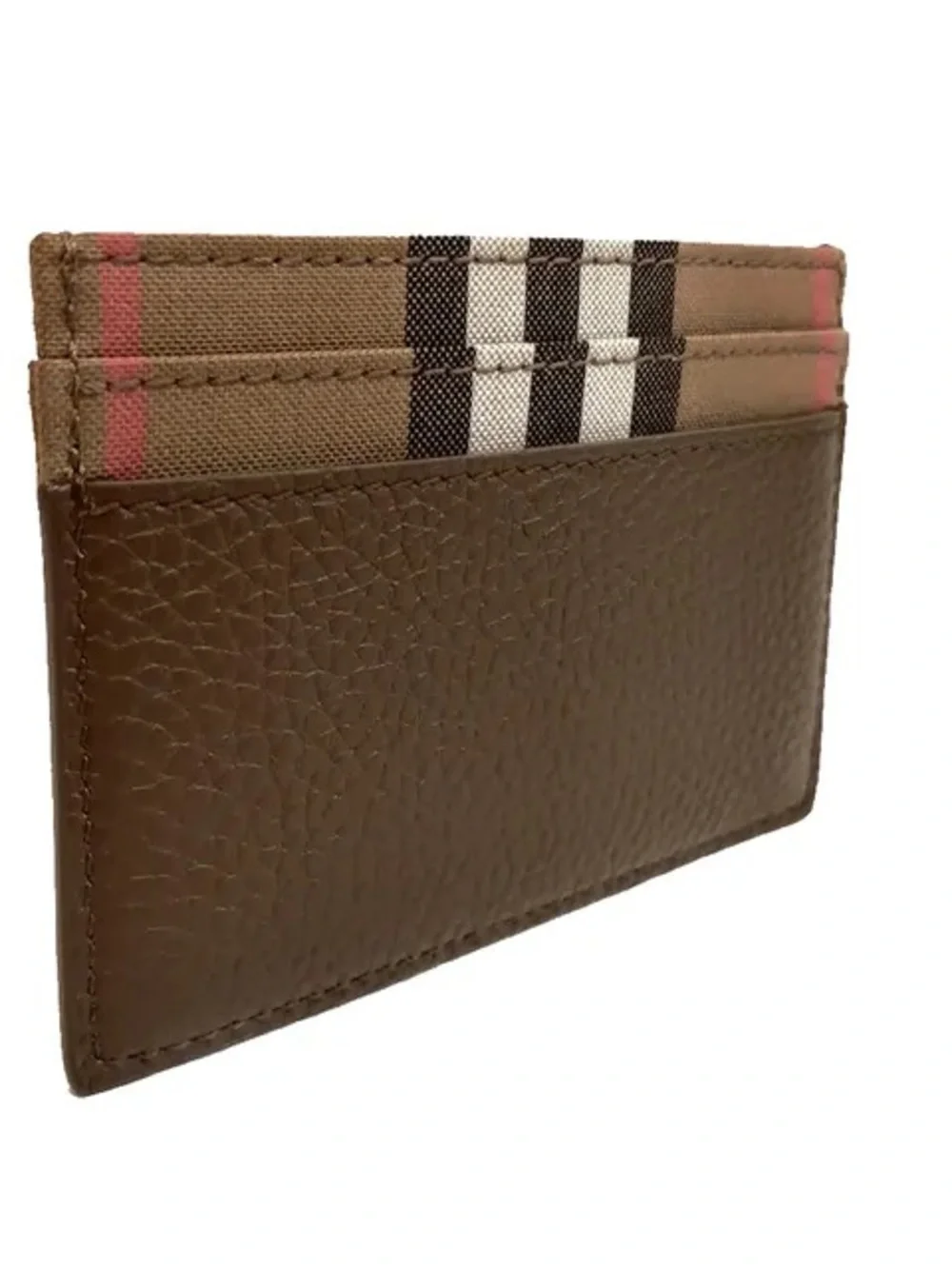 Burberry Brown Pebbled Leather & Check Card Holder with Pink Accent